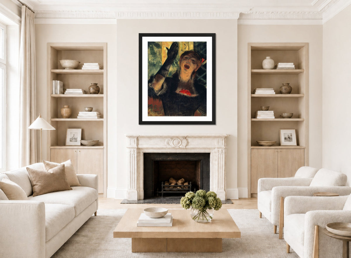 Edgar Degas Print, Café Singer (1879) displayed in a Scandinavian living room
