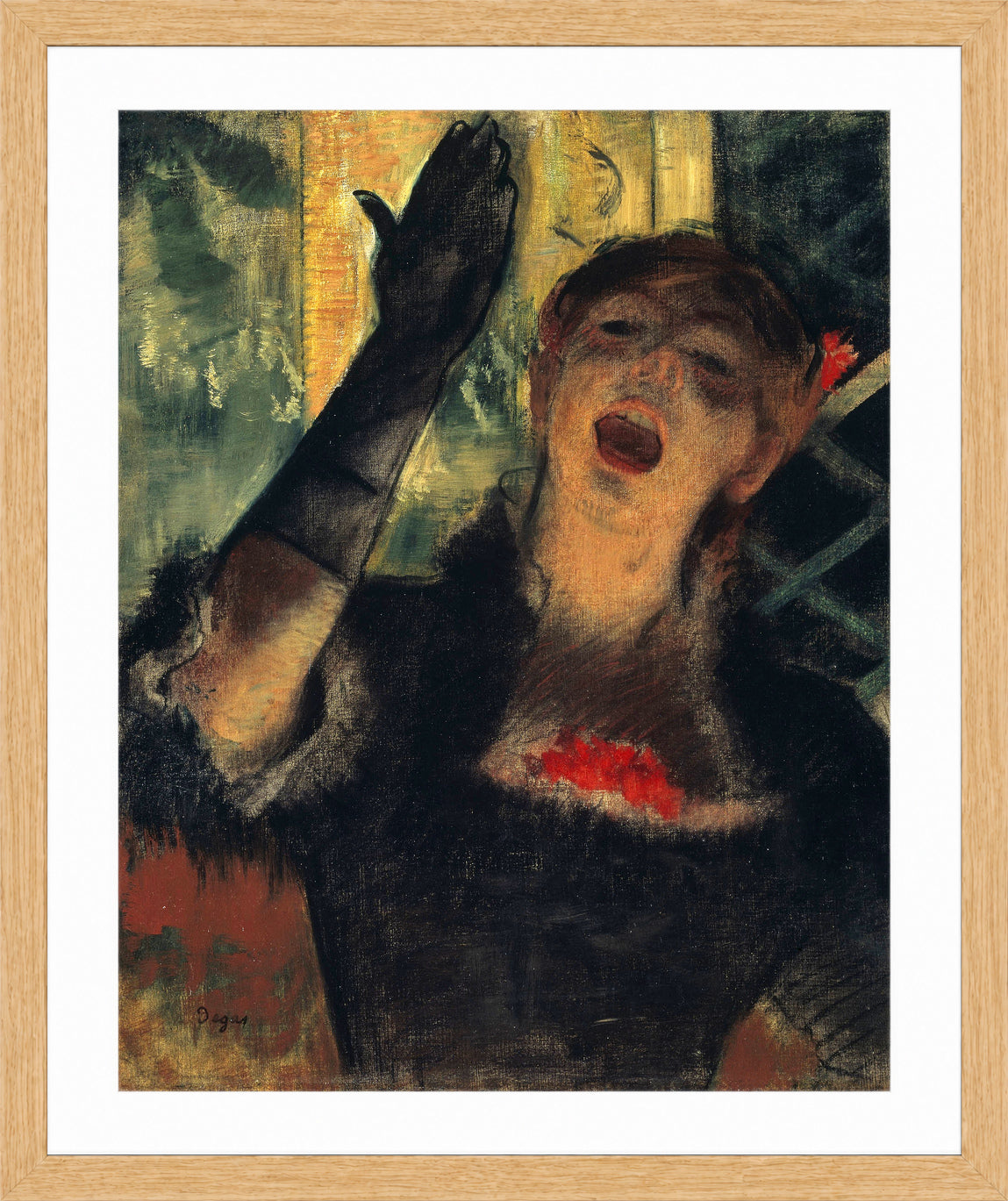 Edgar Degas Print, Café Singer (1879) in a light oak frame