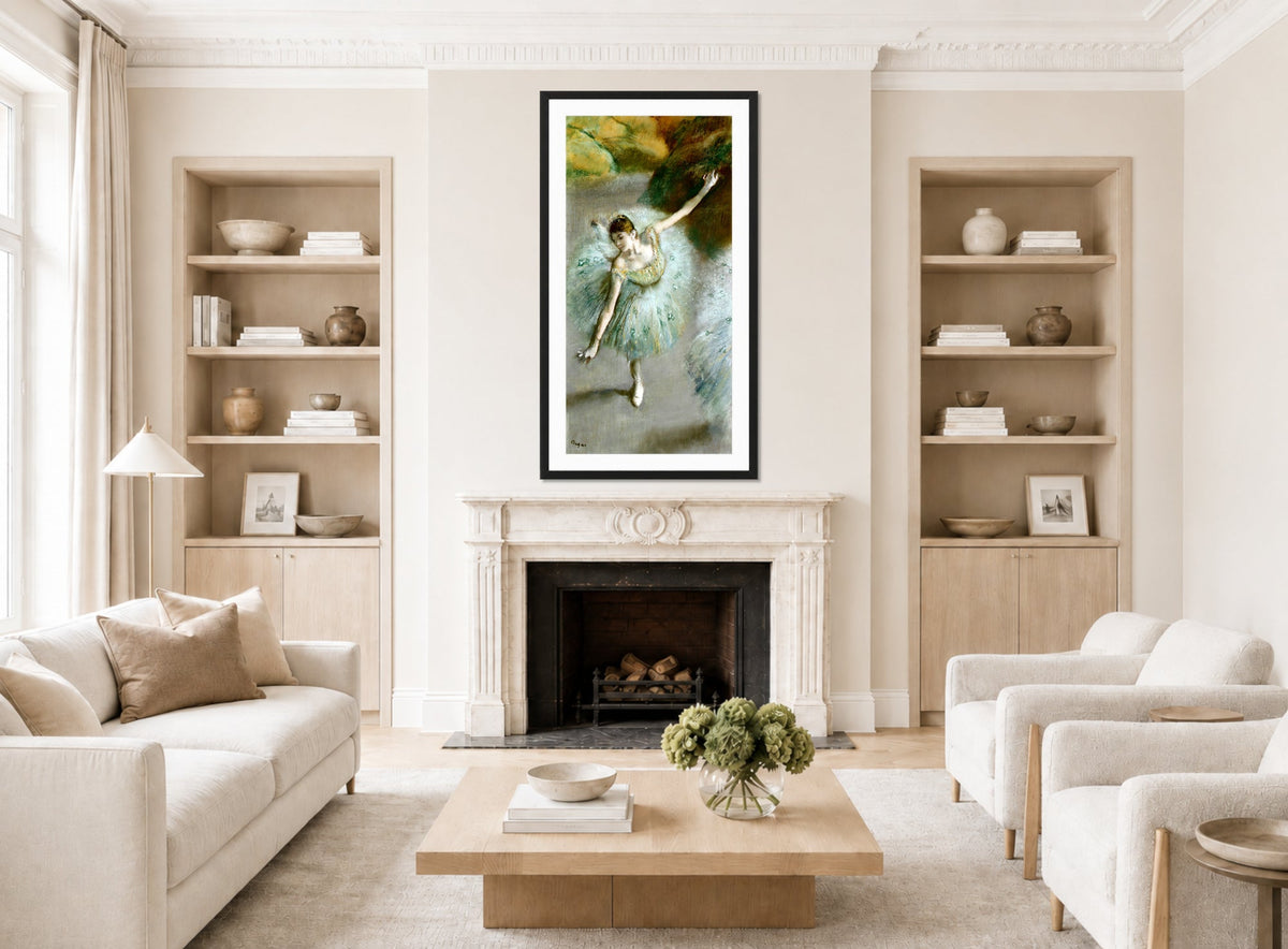Edgar Degas Print, Dancer in Green (ca displayed in a Scandinavian living room