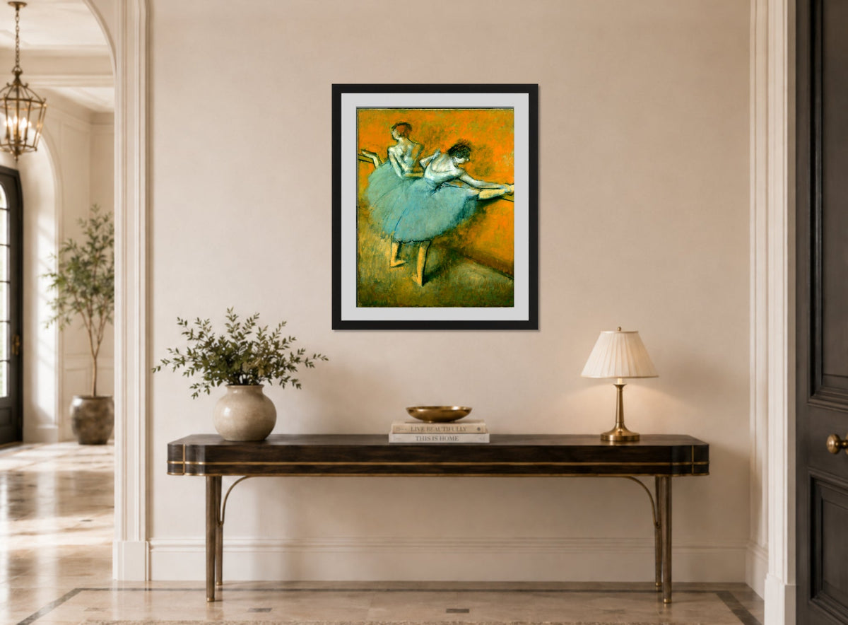 Edgar Degas Print, Dancers At The Barre displayed above a console table