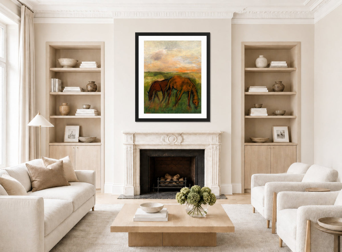 Edgar Degas Print, Deux chevaux au pâturage (circa 1871) displayed in a Scandinavian living room