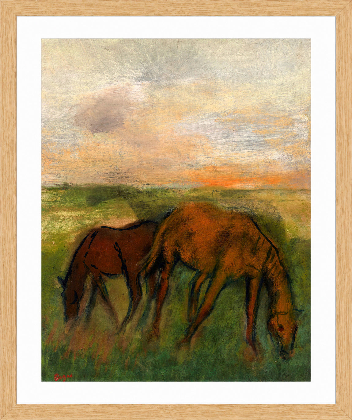 Edgar Degas Print, Deux chevaux au pâturage (circa 1871) in a light oak frame