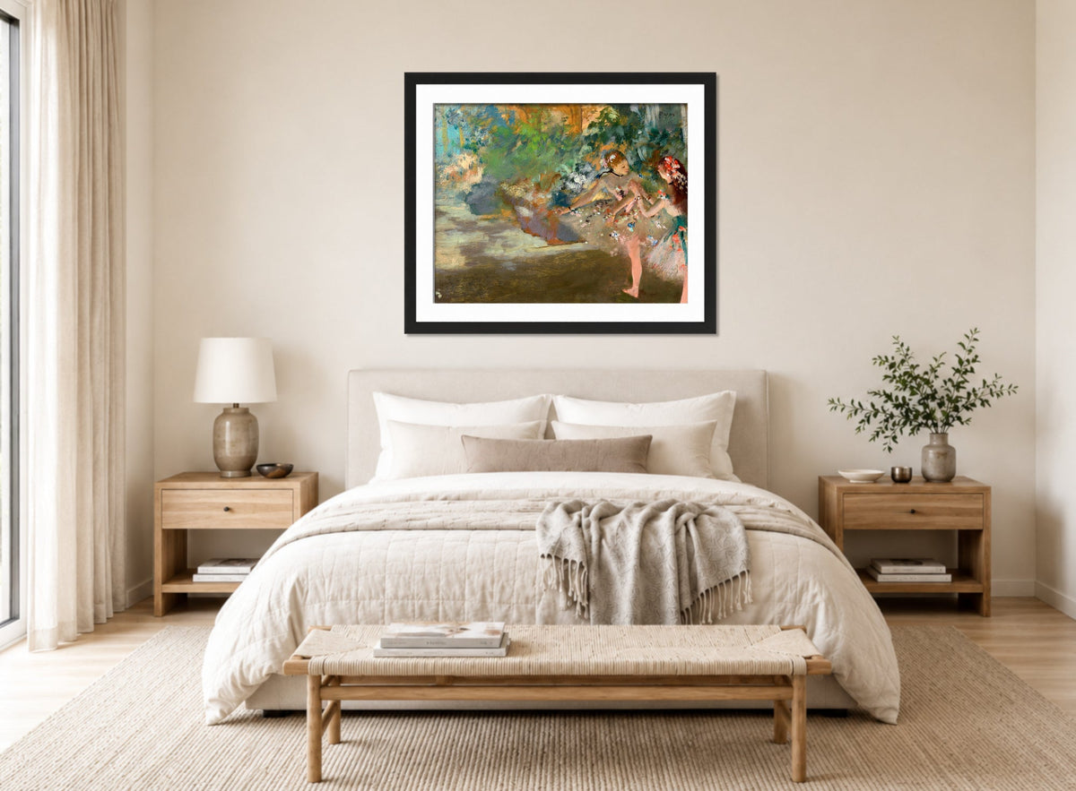 Edgar Degas Print, Deux danseuses sur la scène (circa 1880) displayed above a bed