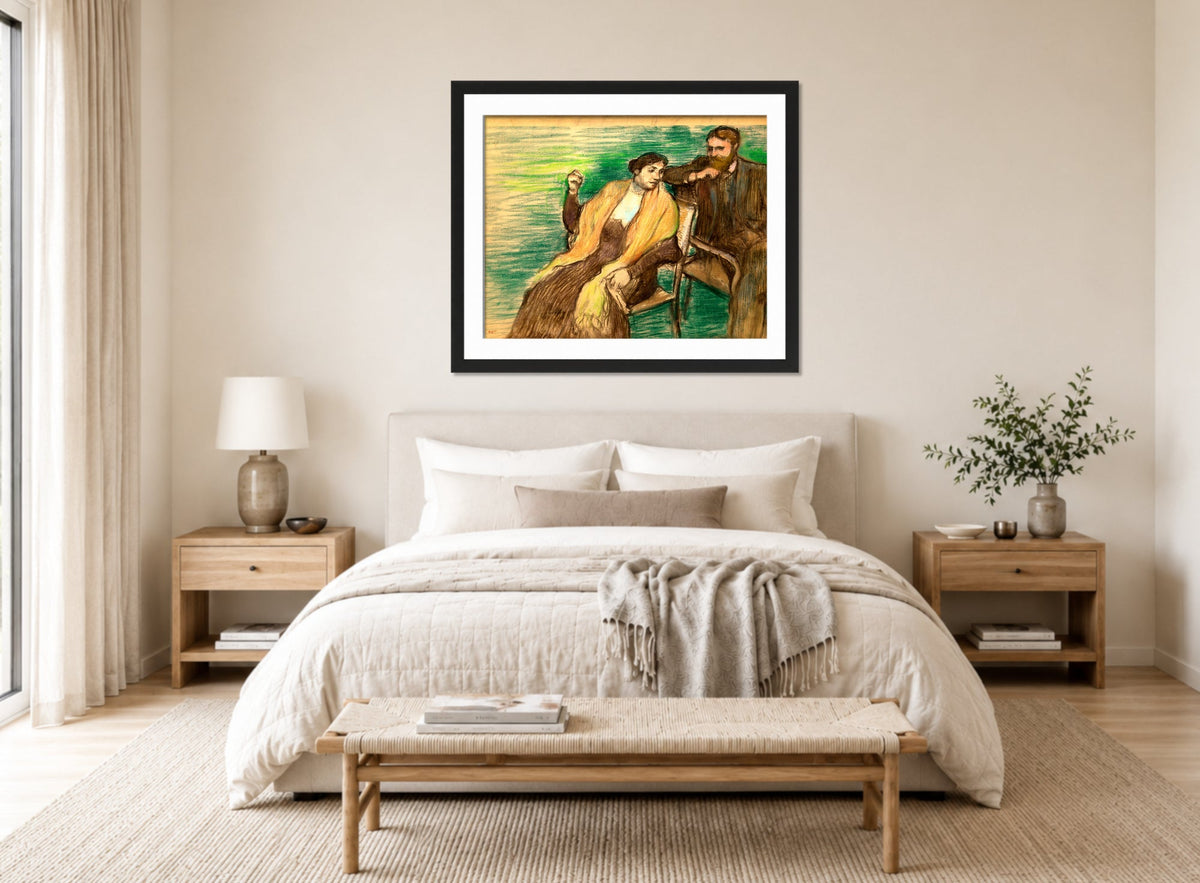 Edgar Degas Print, Esquisse pour un portrait de M. et Mme displayed above a bed