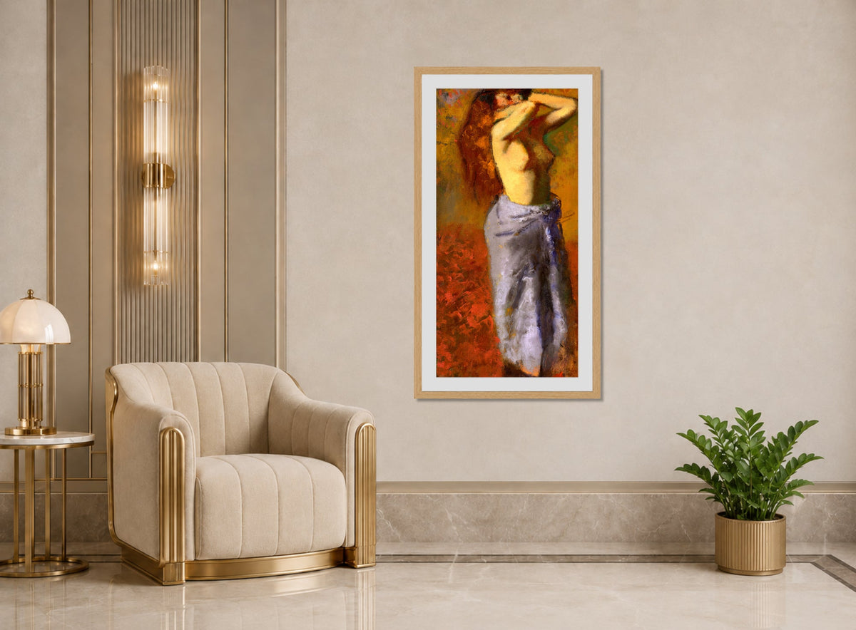 Edgar Degas Print, Femme en peignoir bleu le torse découvert (circa 1887-1890) displayed in an Art Deco interior