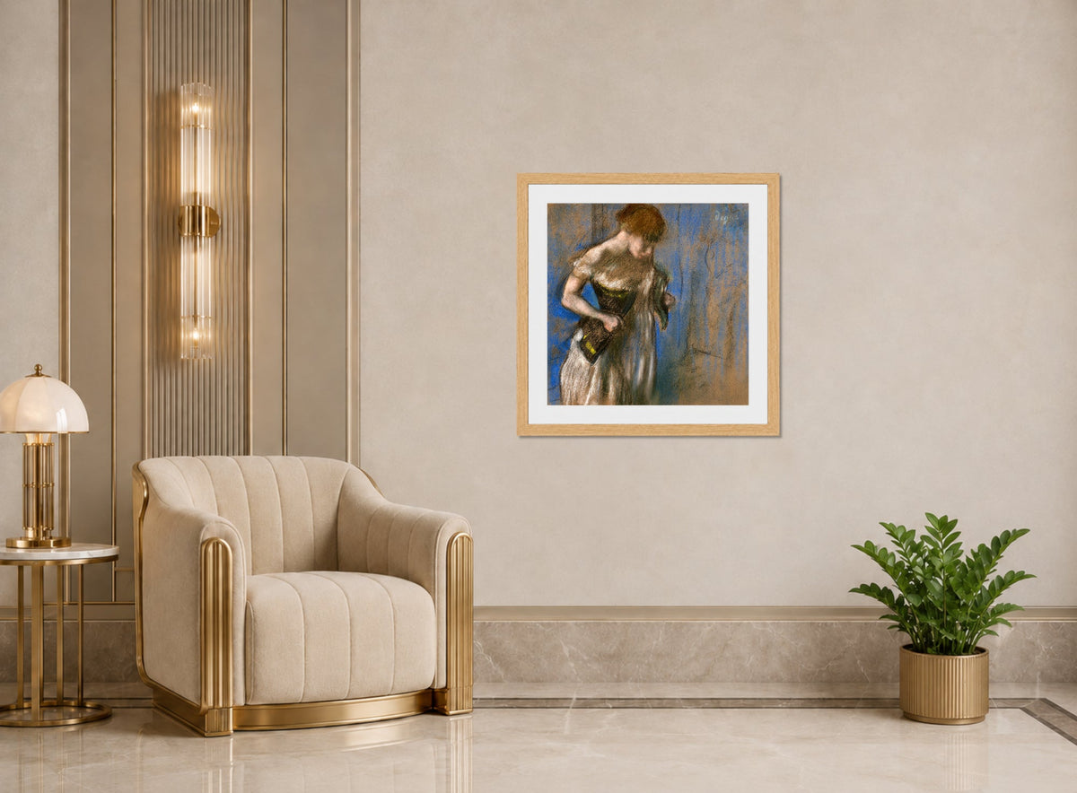 Edgar Degas Print, Femme mettant son corset (circa 1883) displayed in an Art Deco interior