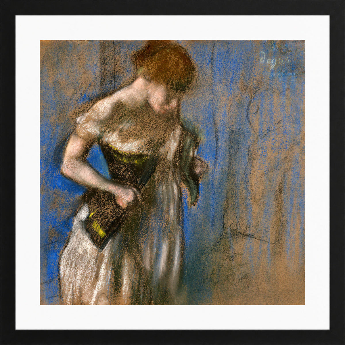 Edgar Degas Print, Femme mettant son corset (circa 1883) in a black frame