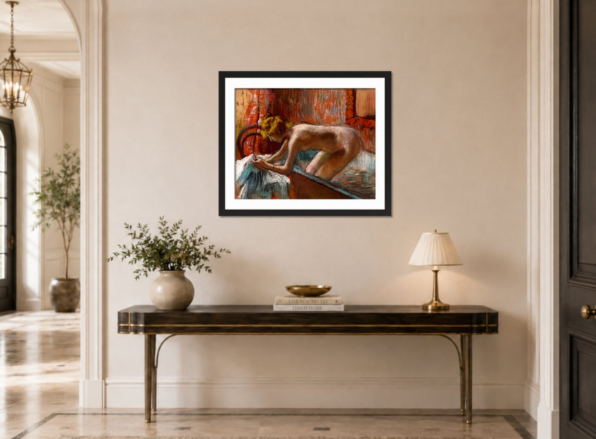 Edgar Degas Print, Femme sortant du bain (circa 1886-1889) displayed above a console table