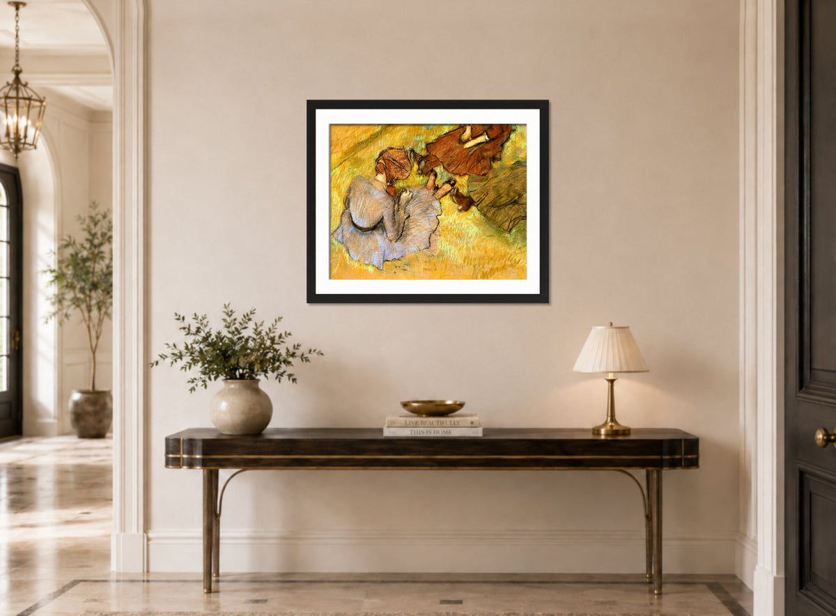 Edgar Degas Print, Femmes assises sur l’herbe (circa 1882) displayed above a console table
