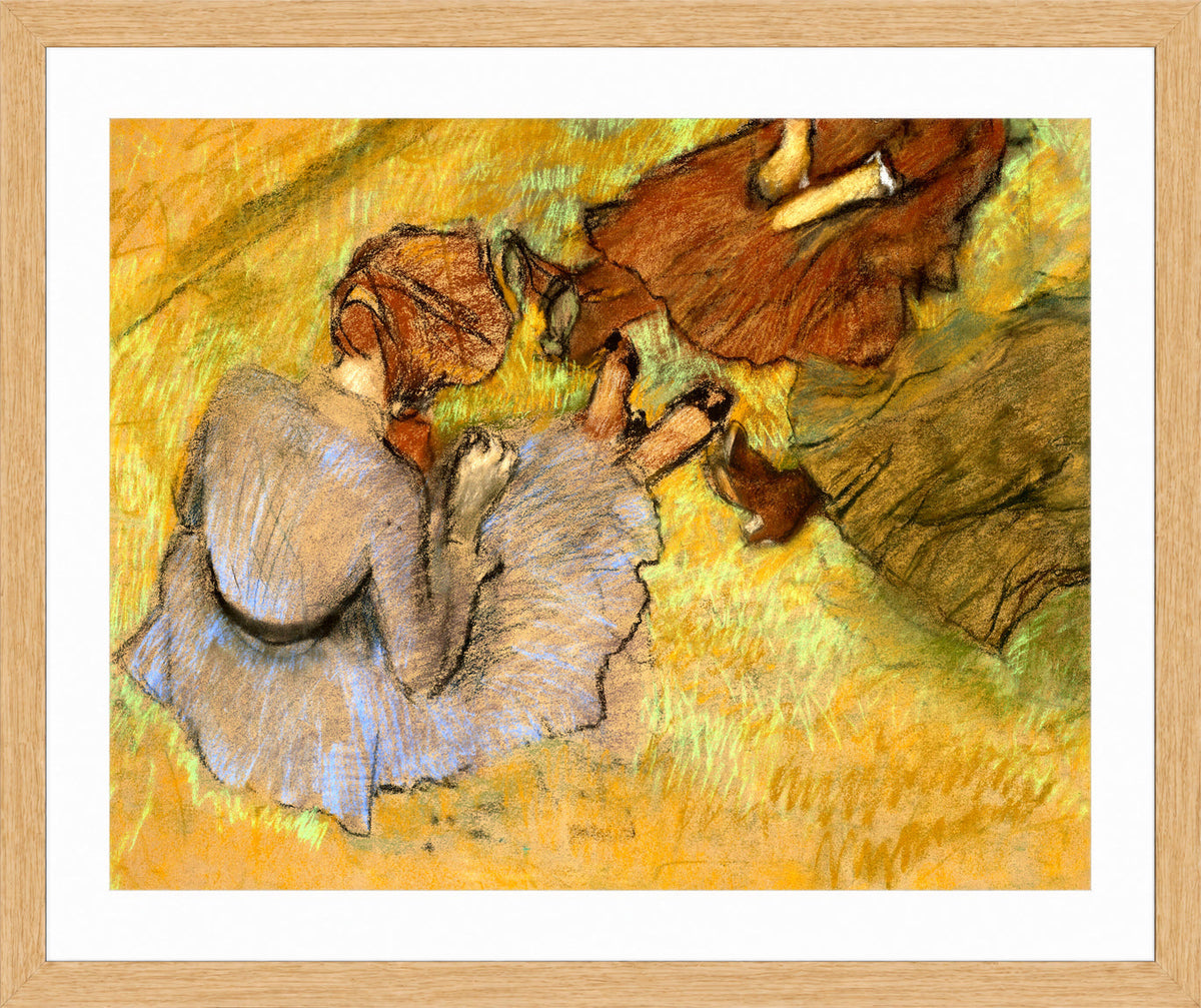 Edgar Degas Print, Femmes assises sur l’herbe (circa 1882) in a light oak frame