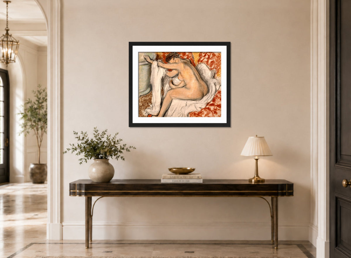 Edgar Degas Print, La sortie du bain (circa 1884) displayed above a console table