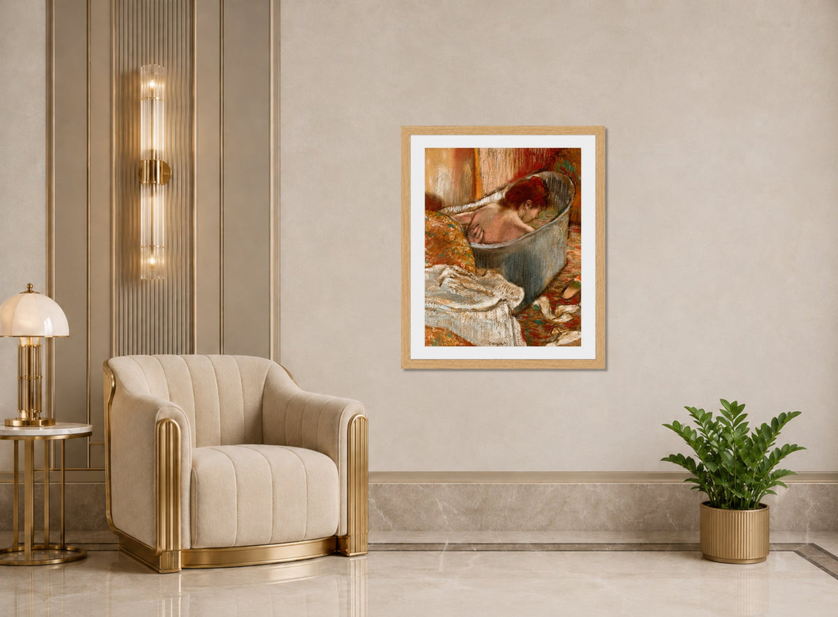 Edgar Degas Print, Le Bain (Femme dans sa baignoire) (circa 1886) displayed in an Art Deco interior