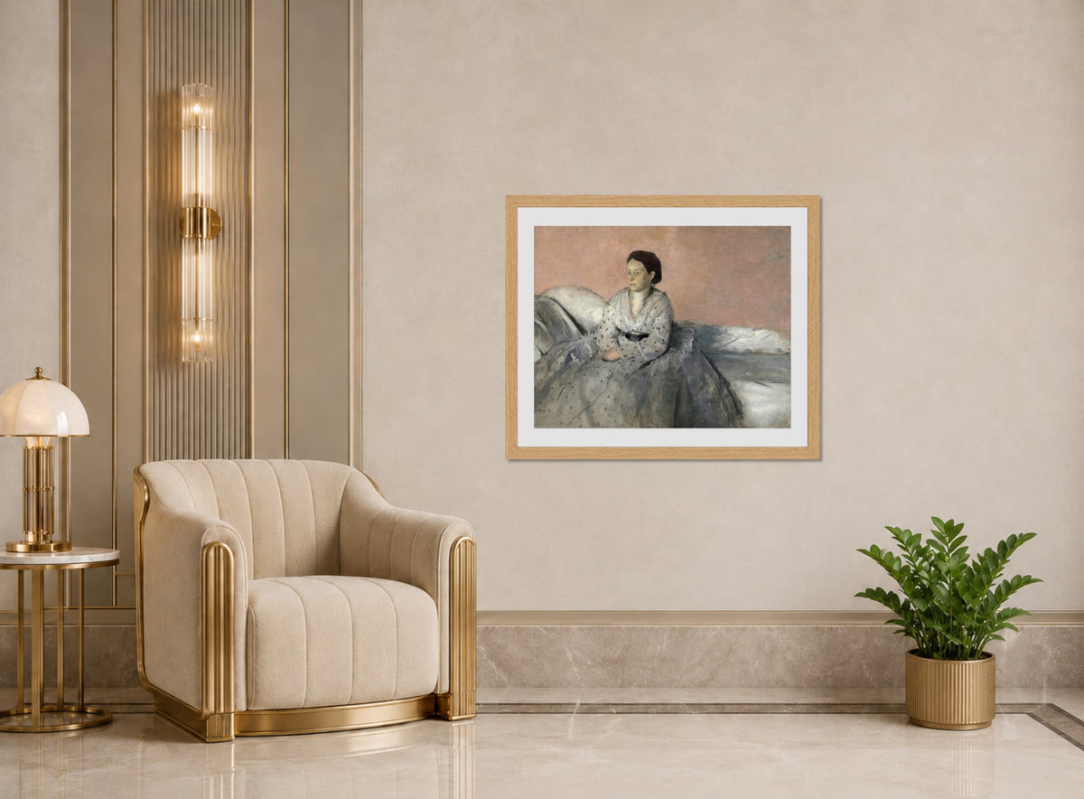 Edgar Degas Print, Madame René de Gas (1872-1873) displayed in an Art Deco interior