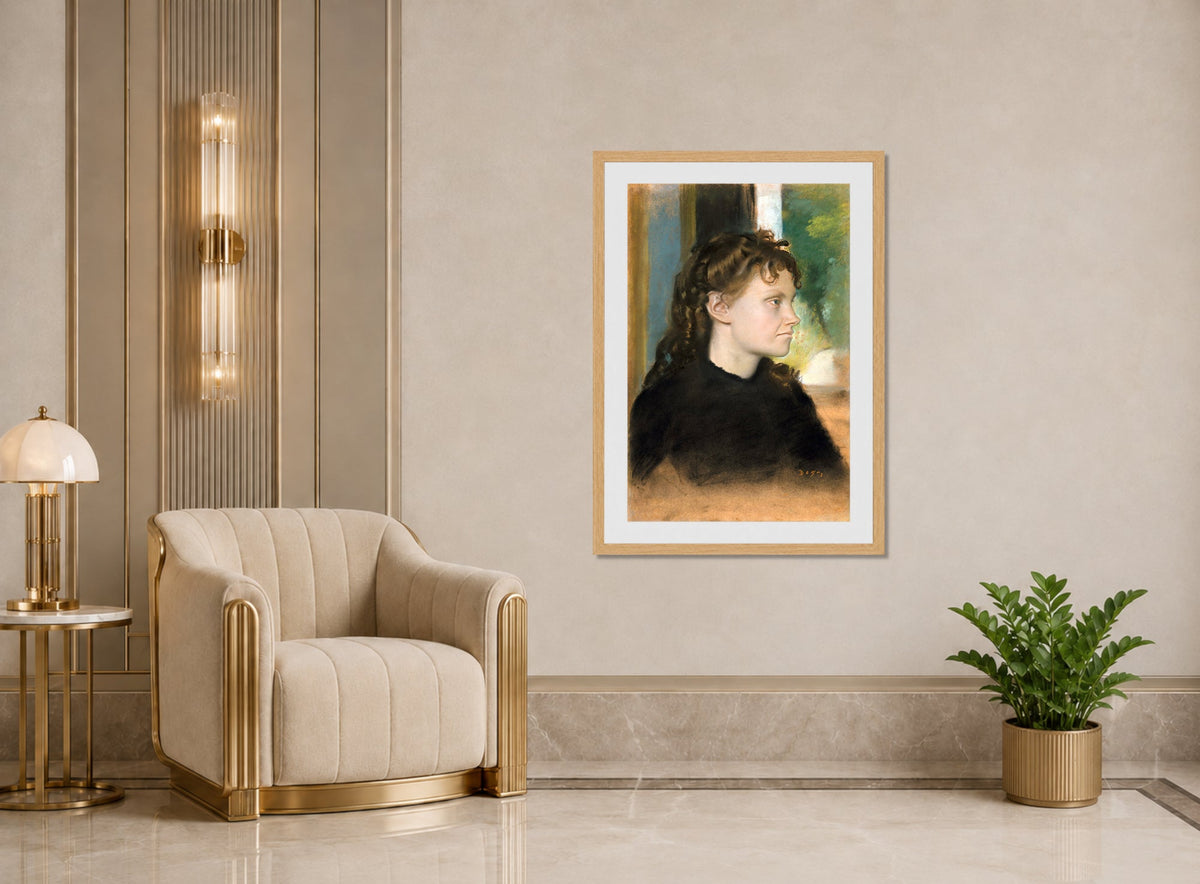 Edgar Degas Print, Madame Théodore Gobillard (Yves Morisot, 1838–1893) (1869) displayed in an Art Deco interior