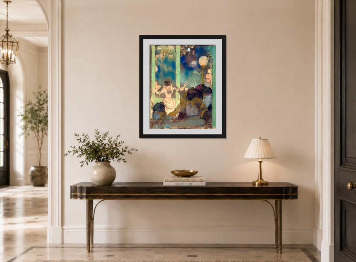 Edgar Degas Print, Mademoiselle Bécat at the Café des Ambassadeurs (1885) displayed above a console table