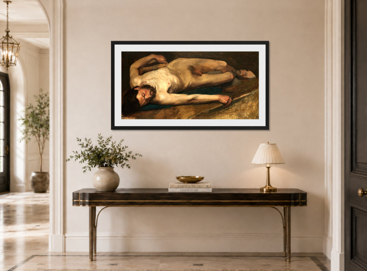 Edgar Degas Print, Male Nude (1856) displayed above a console table