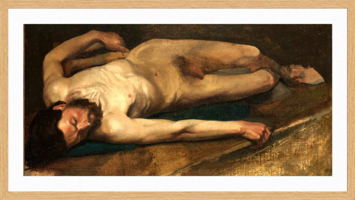 Edgar Degas Print, Male Nude (1856) in a light oak frame