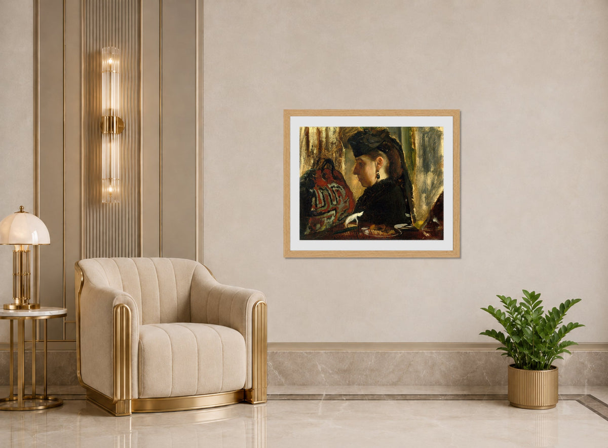 Edgar Degas Print, Marie Dihau (1843–1935) (1867–68) displayed in an Art Deco interior