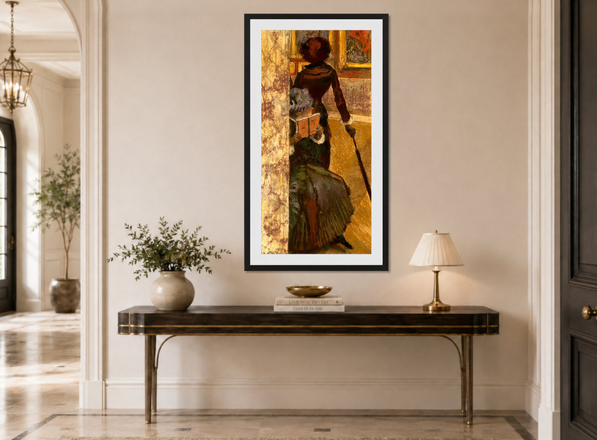 Edgar Degas Print, Mary Cassatt at the Louvre; The Paintings Gallery (1885) displayed above a console table