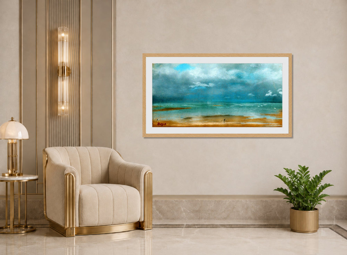 Edgar Degas Print, Plage À Marée Basse (1869) displayed in an Art Deco interior