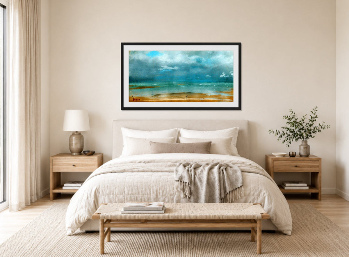 Edgar Degas Print, Plage À Marée Basse (1869) displayed above a bed