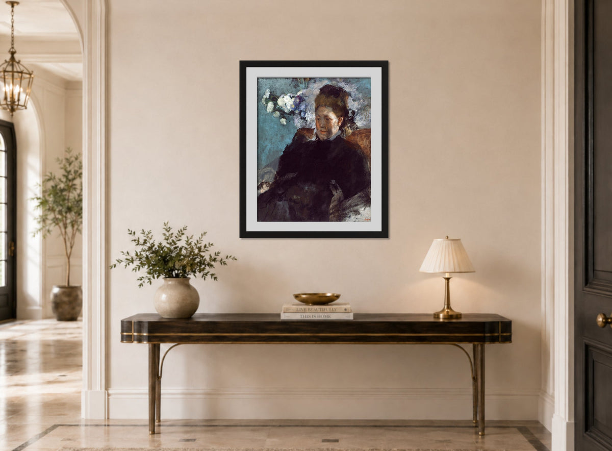 Edgar Degas Print, Portrait of a Woman (1877) displayed above a console table