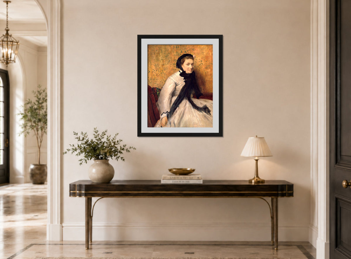 Edgar Degas Print, Portrait of a Woman in Gray (ca displayed above a console table