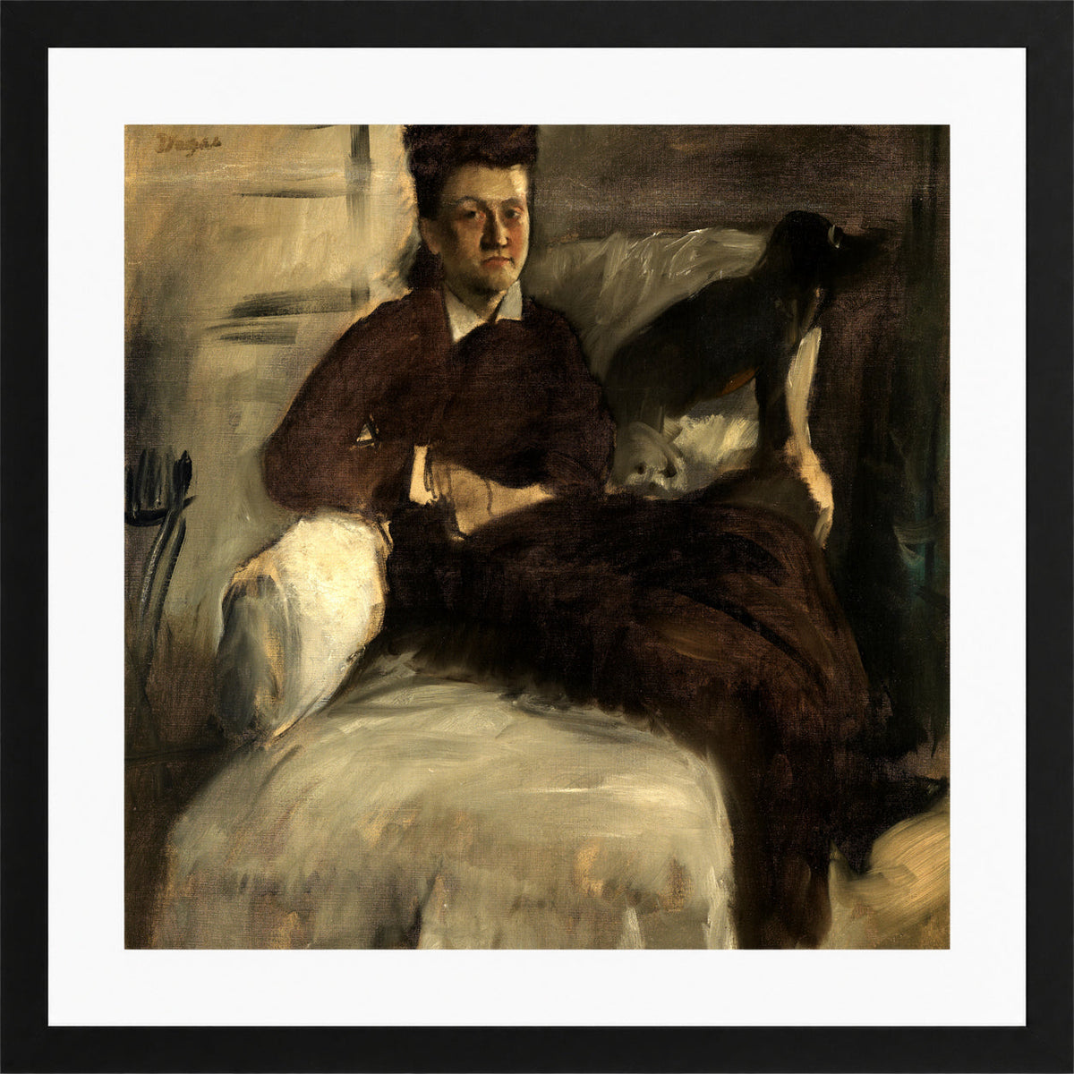 Edgar Degas Print, Portrait of Madame Jeantaud (1877) in a black frame
