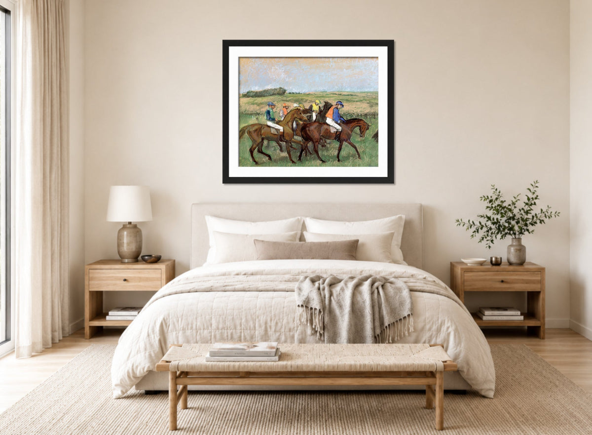 Edgar Degas Print, Races (circa 1885) displayed above a bed