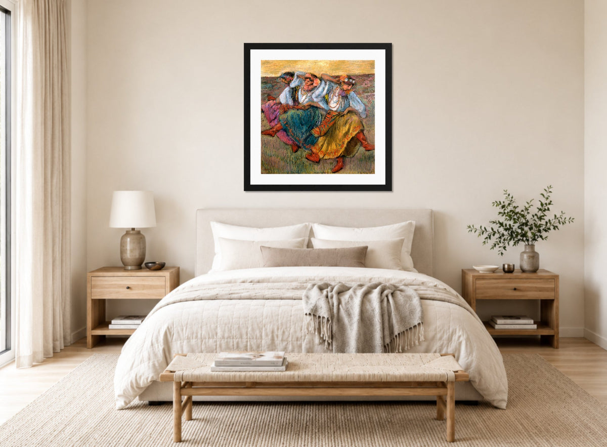 Edgar Degas Print, Russian Dancers (1899) displayed above a bed