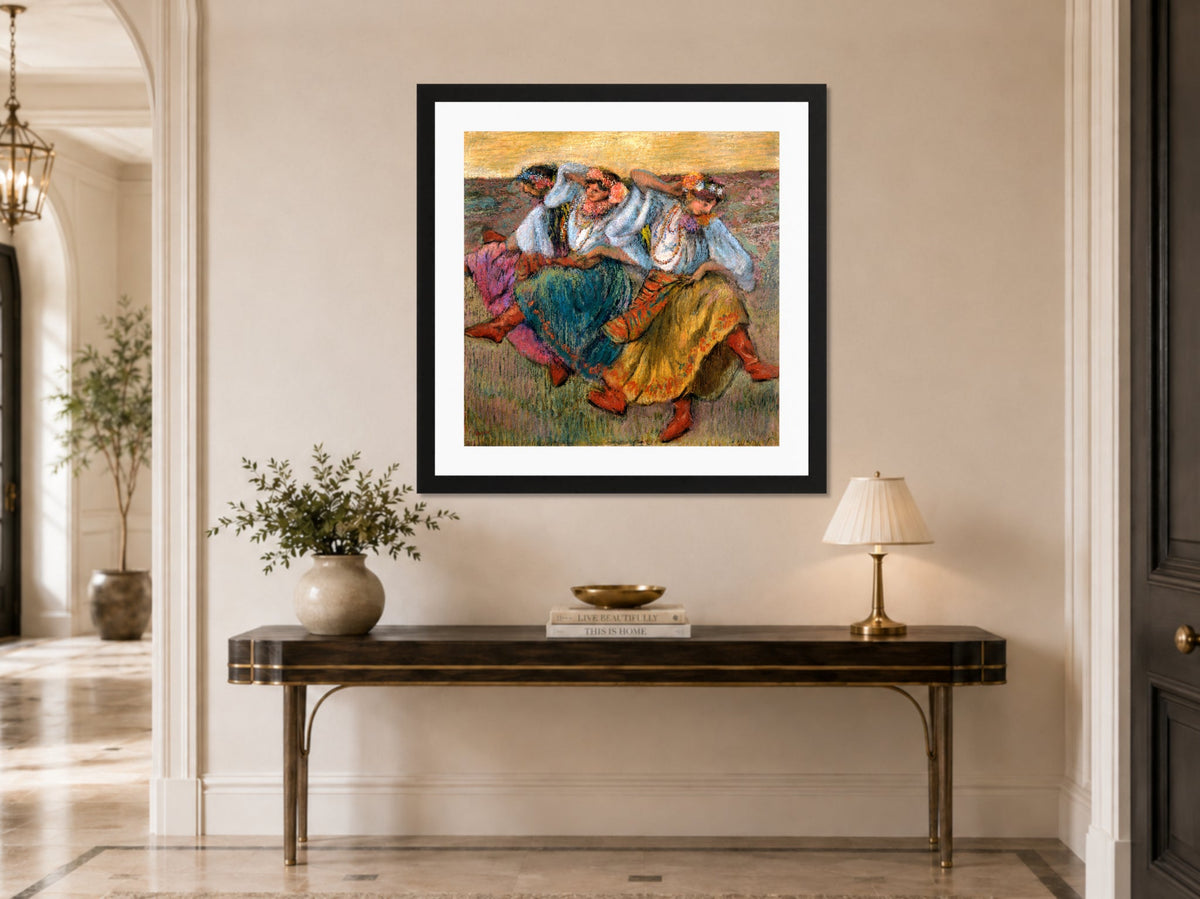 Edgar Degas Print, Russian Dancers (1899) displayed above a console table