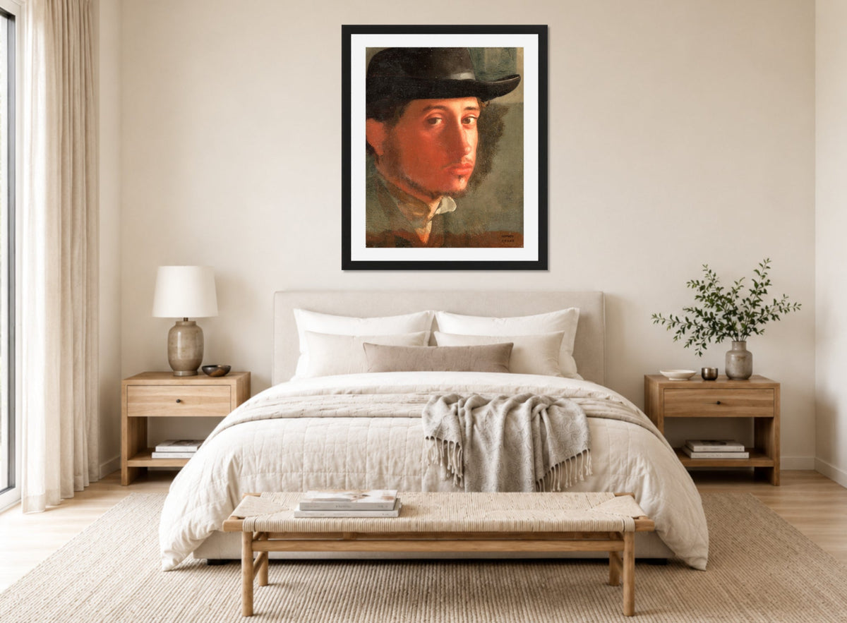 Edgar Degas Print, Self-Portrait displayed above a bed