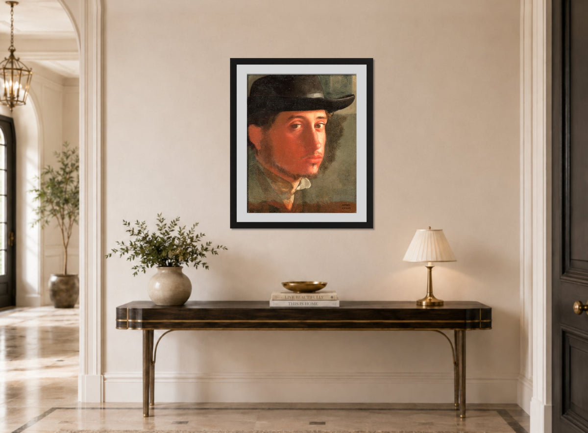 Edgar Degas Print, Self-Portrait displayed above a console table