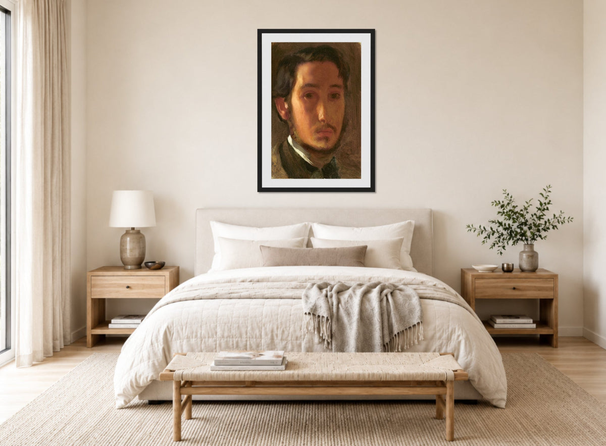 Edgar Degas Print, Self-Portrait with White Collar (c displayed above a bed