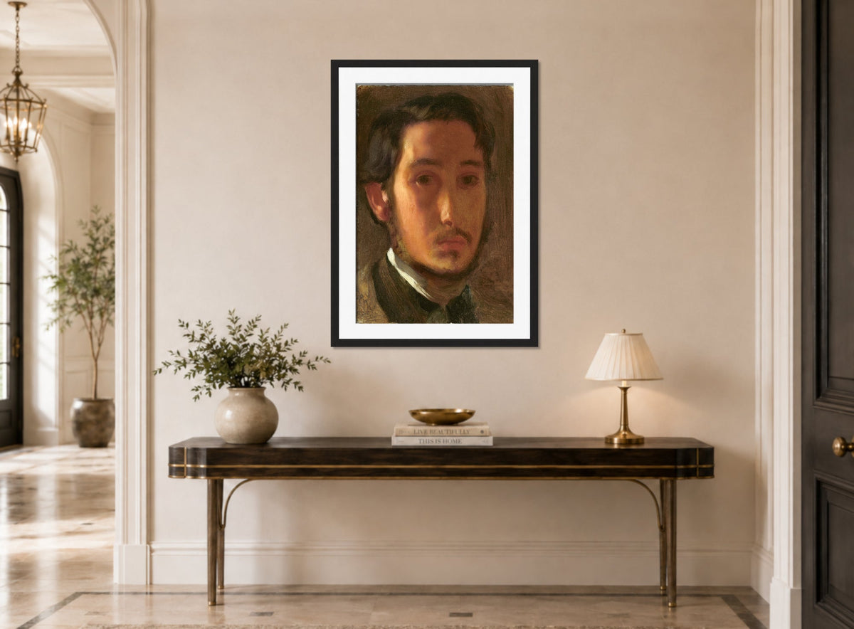 Edgar Degas Print, Self-Portrait with White Collar (c displayed above a console table