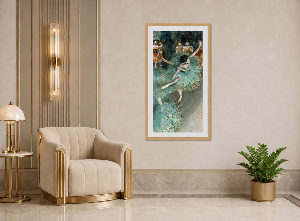 Edgar Degas Print, Swaying Dancer (Dancer in Green) (from 1877 until 1879) displayed in an Art Deco interior
