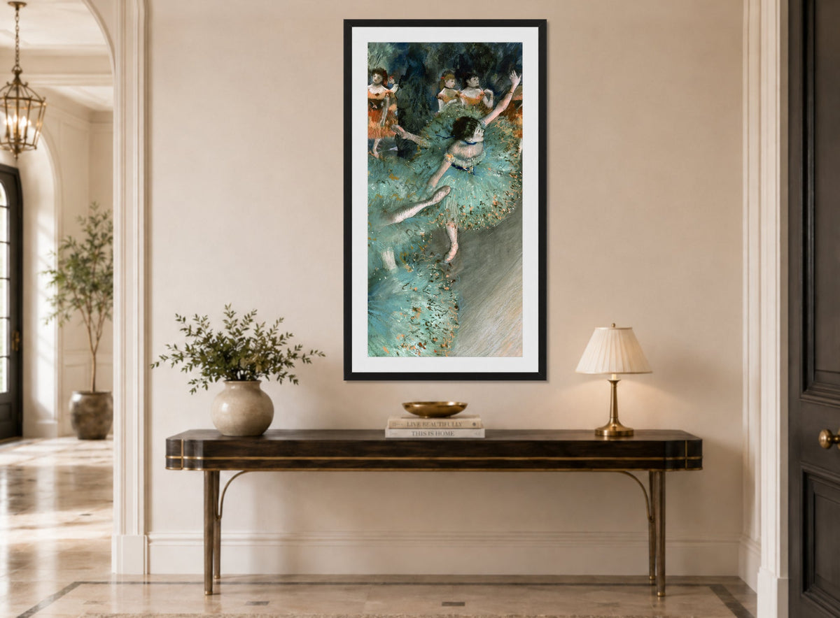 Edgar Degas Print, Swaying Dancer (Dancer in Green) (from 1877 until 1879) displayed above a console table