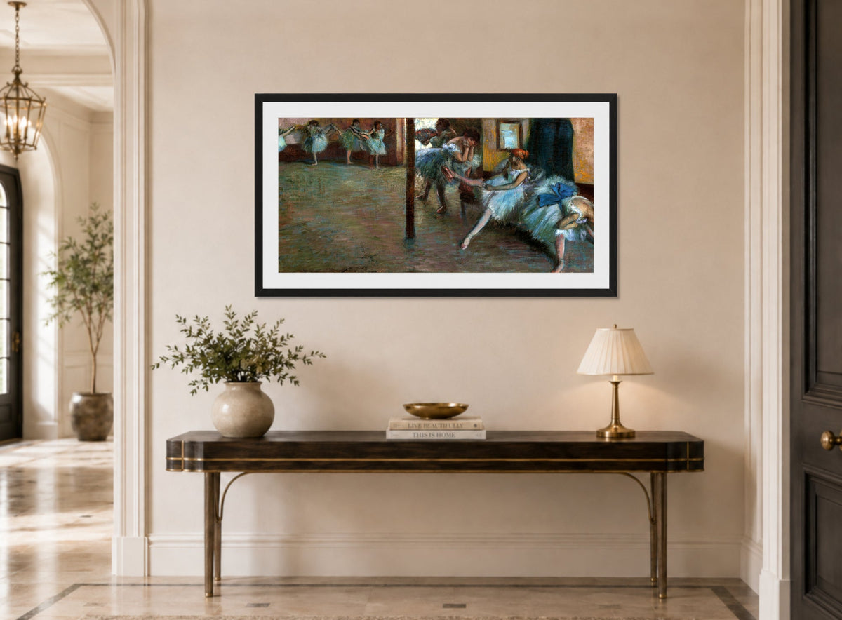 Edgar Degas Print, The Ballet Rehearsal (ca displayed above a console table