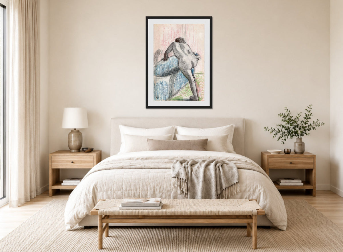 Edgar Degas Print, The Bath (1892–1895) displayed above a bed