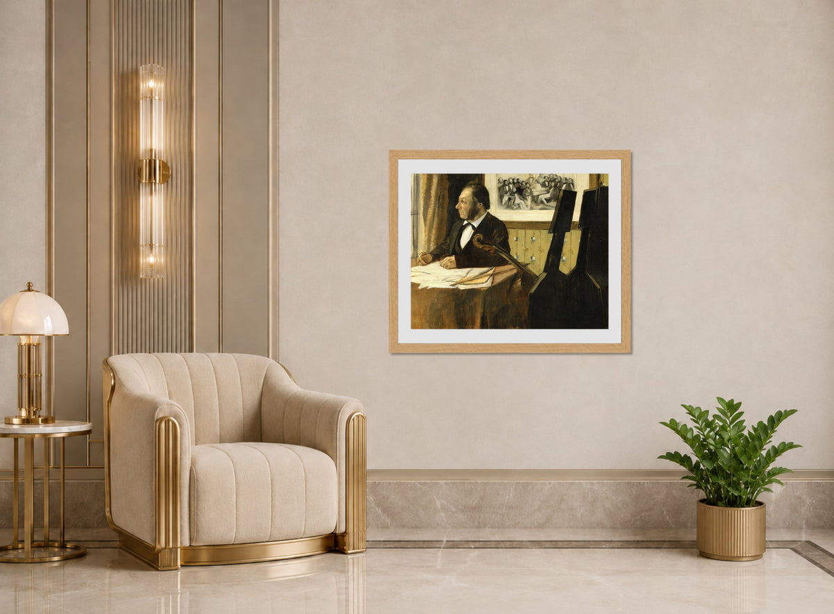 Edgar Degas Print, The Cellist Pilet (between 1868 and 1869) displayed in an Art Deco interior