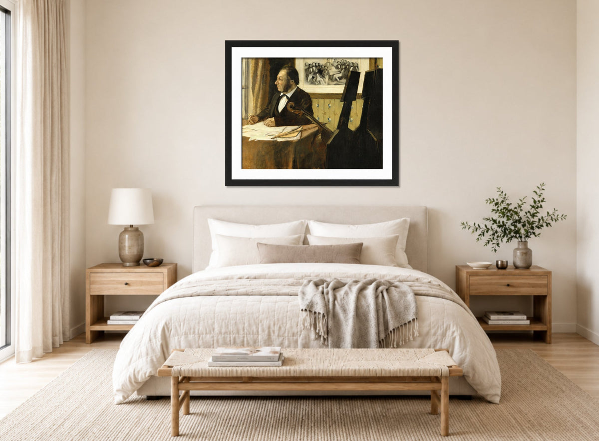 Edgar Degas Print, The Cellist Pilet (between 1868 and 1869) displayed above a bed