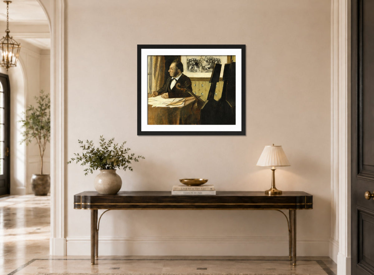 Edgar Degas Print, The Cellist Pilet (between 1868 and 1869) displayed above a console table