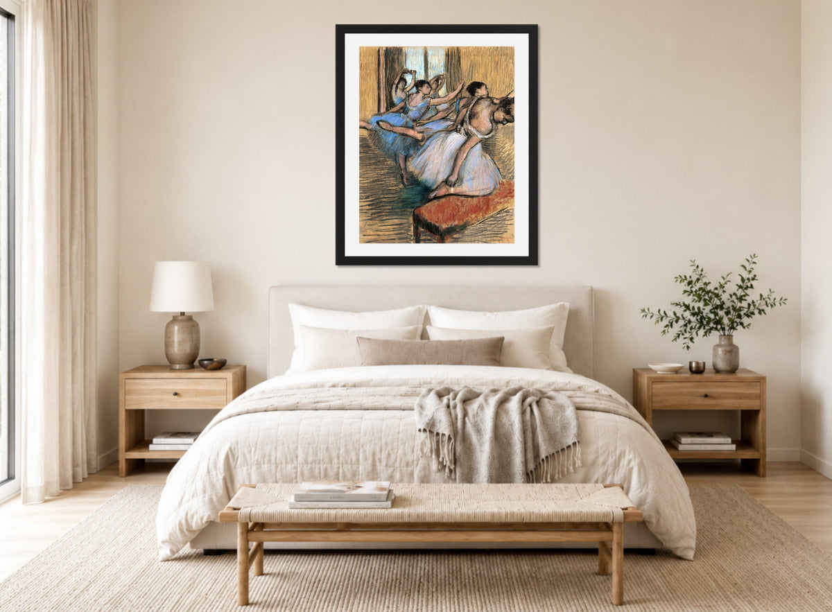 Edgar Degas Print, The Dancers displayed above a bed