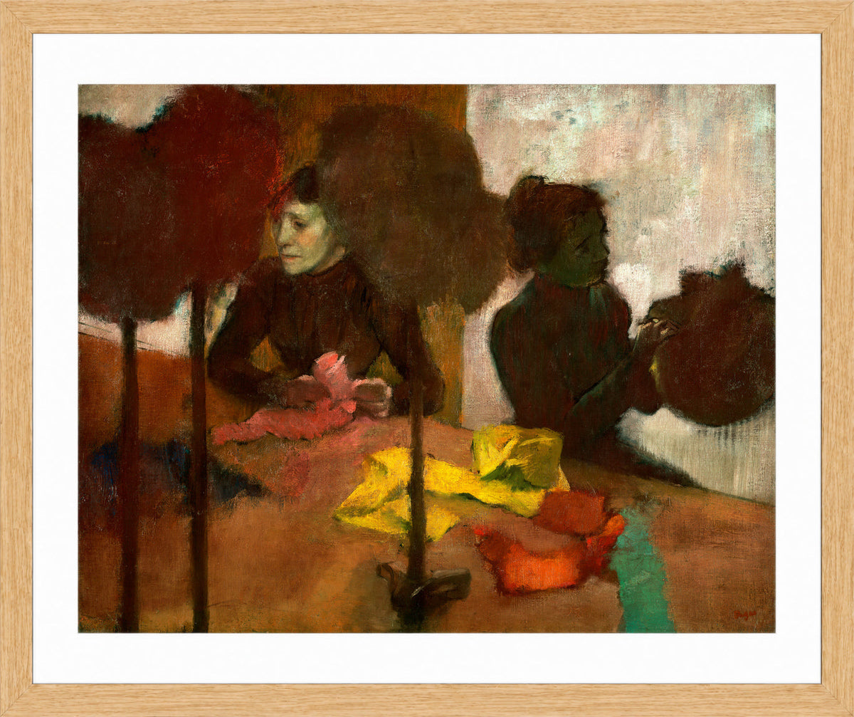 Edgar Degas Print, The Milliners (1882–before 1905) in a light oak frame