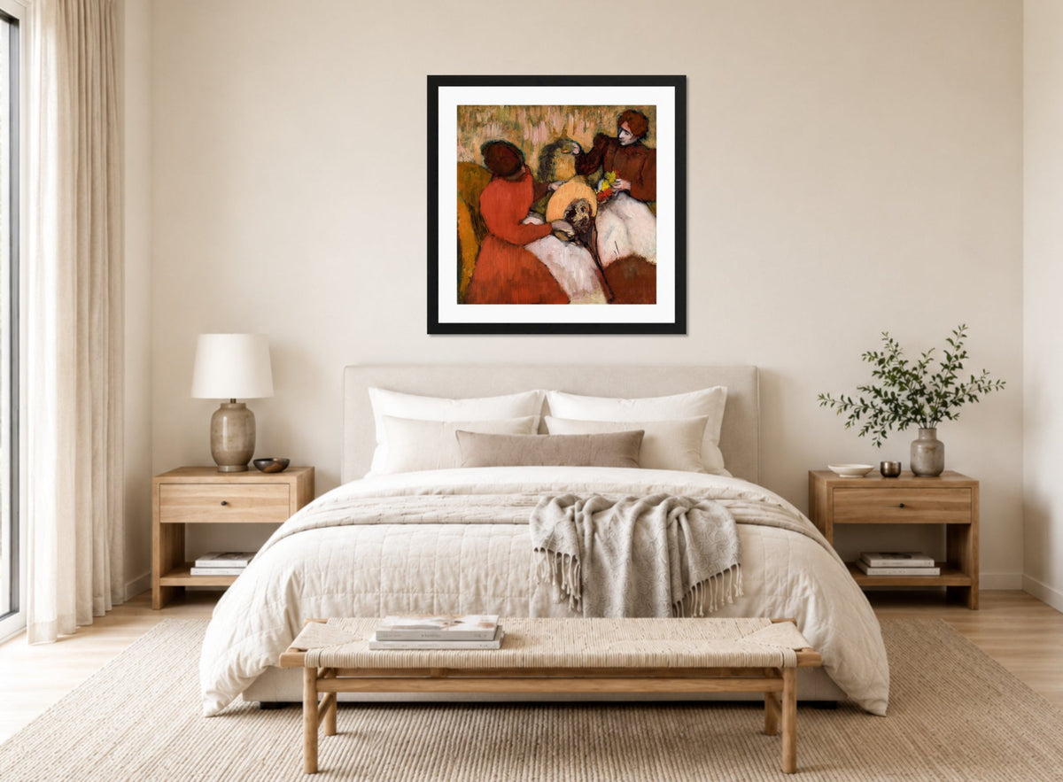 Edgar Degas Print, The Milliners (c displayed above a bed