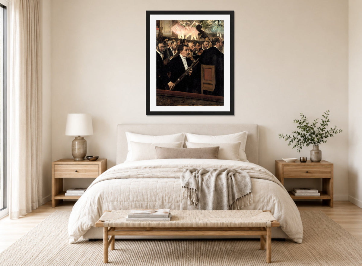Edgar Degas Print, The Orchestra At The Opera (circa 1870) displayed above a bed