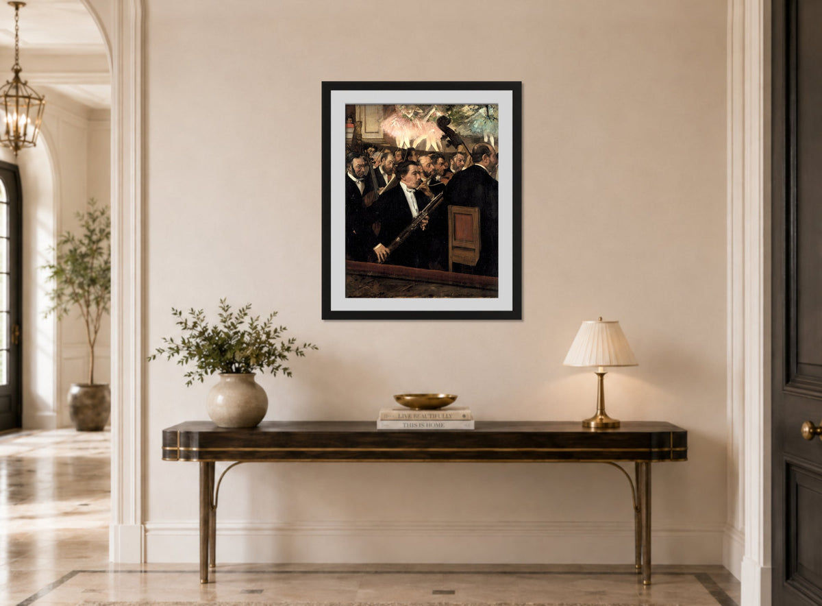 Edgar Degas Print, The Orchestra At The Opera (circa 1870) displayed above a console table