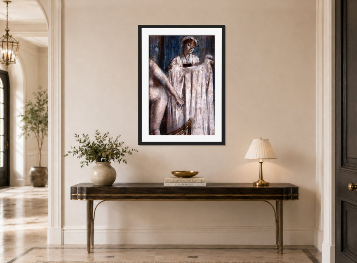 Edgar Degas Print, Toilette after the Bath (1888 - 1889) displayed above a console table