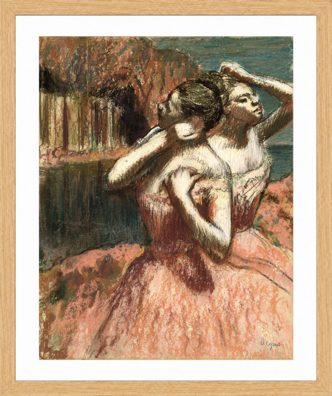 Edgar Degas Print, Two Dancers in a light oak frame