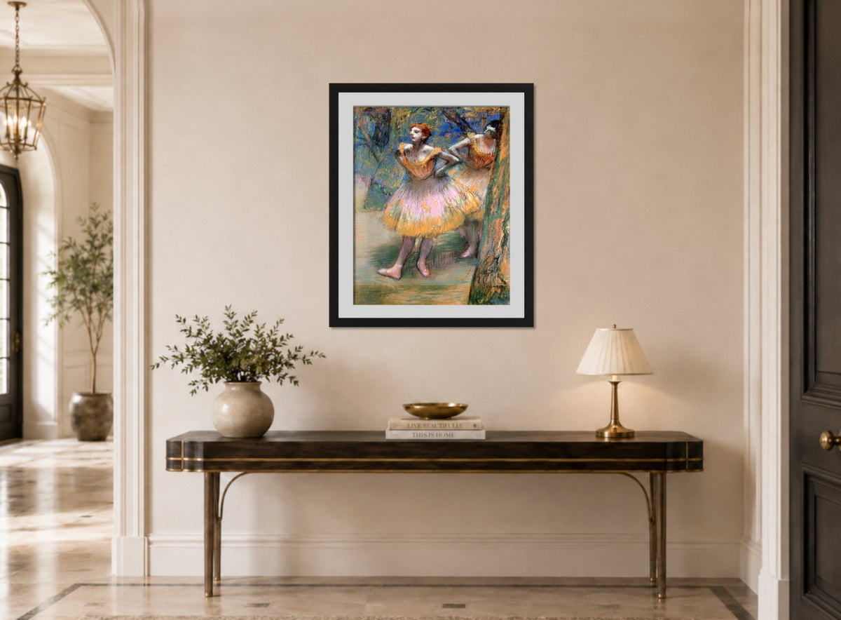 Edgar Degas Print, Two Dancers (1893–1898) displayed above a console table